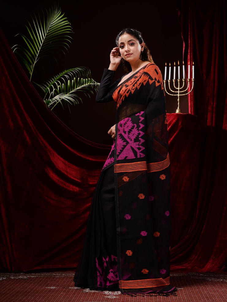 Black Hand Woven Jamdani Work Pure Linen Saree