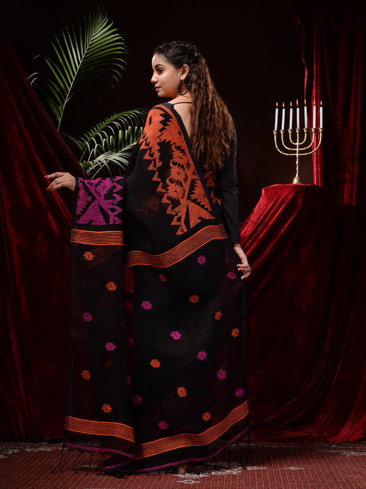 Black Hand Woven Jamdani Work Pure Linen Saree