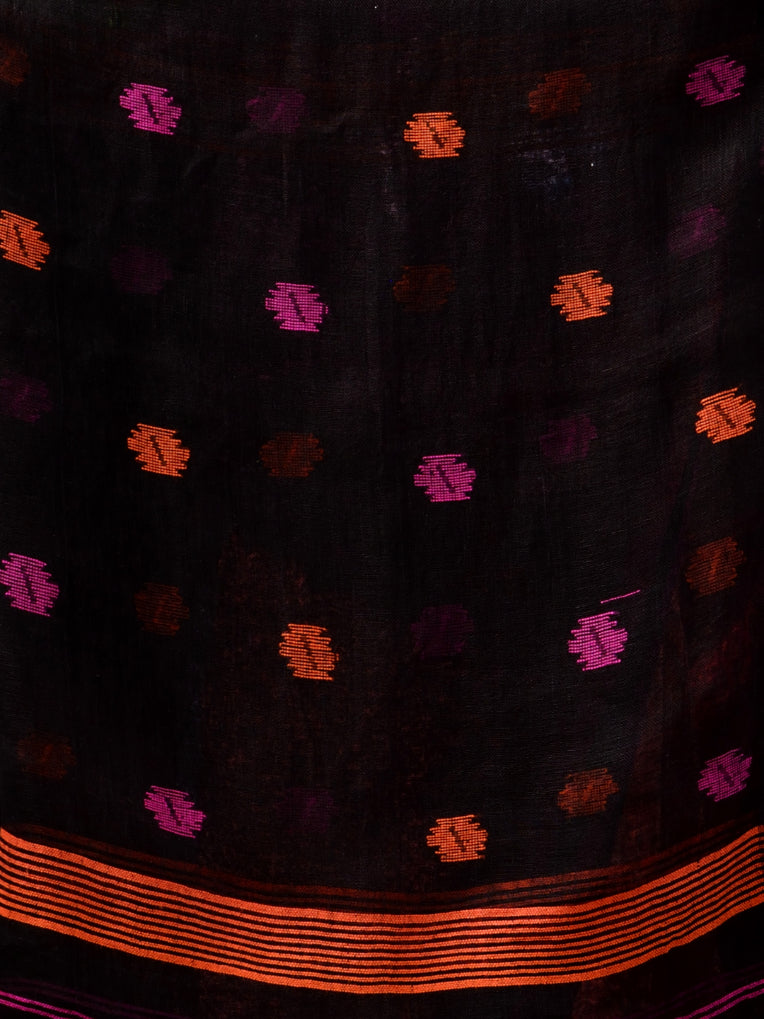 Black Hand Woven Jamdani Work Pure Linen Saree