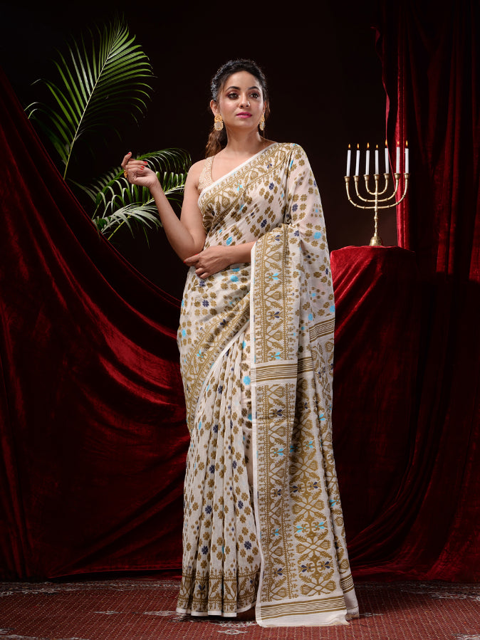 Off White Silk Cotton Handwoven Jamdani Saree