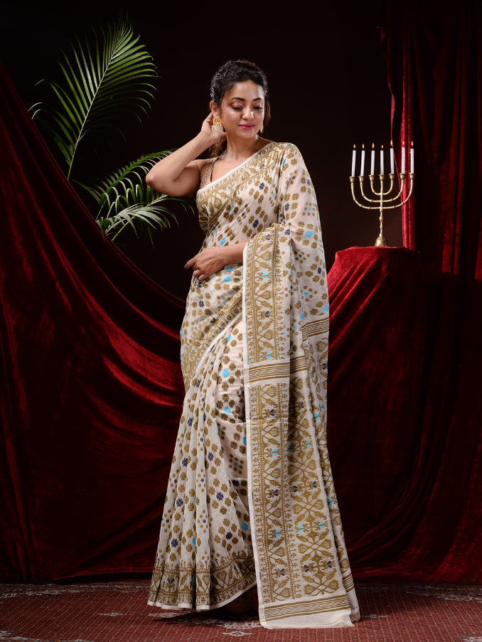 Off White Silk Cotton Handwoven Jamdani Saree