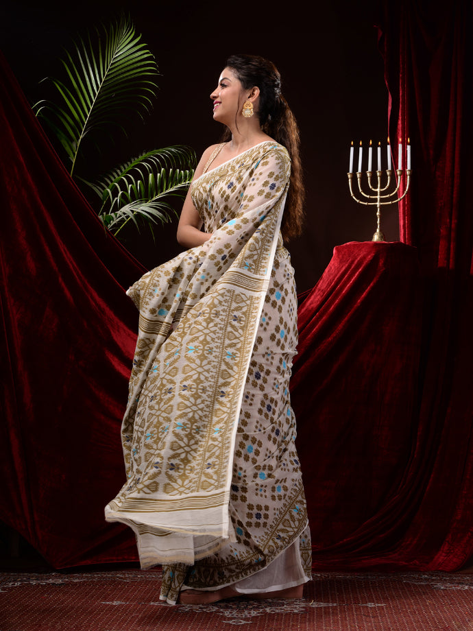 Off White Silk Cotton Handwoven Jamdani Saree
