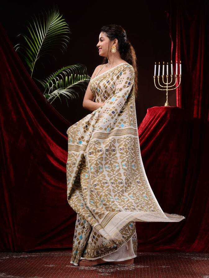 Off White Silk Cotton Handwoven Jamdani Saree