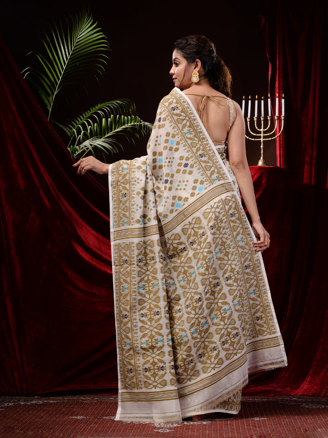 Off White Silk Cotton Handwoven Jamdani Saree