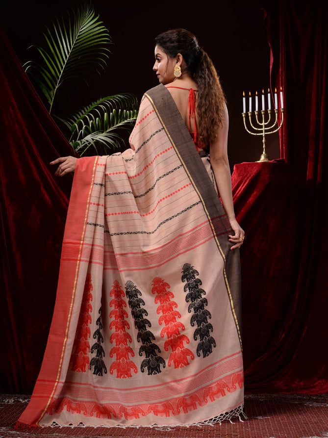 Beige Pure Cotton Hand woven Jamdani Work Saree