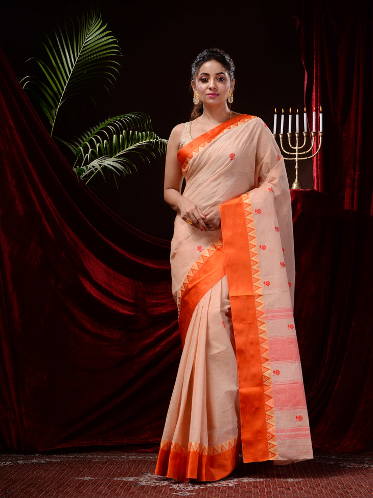Beige Pure Cotton hand Woven Dhaniyakhali Saree