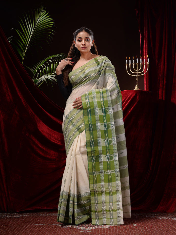 Off White Pure Cotton hand Woven Dhaniyakhali Saree