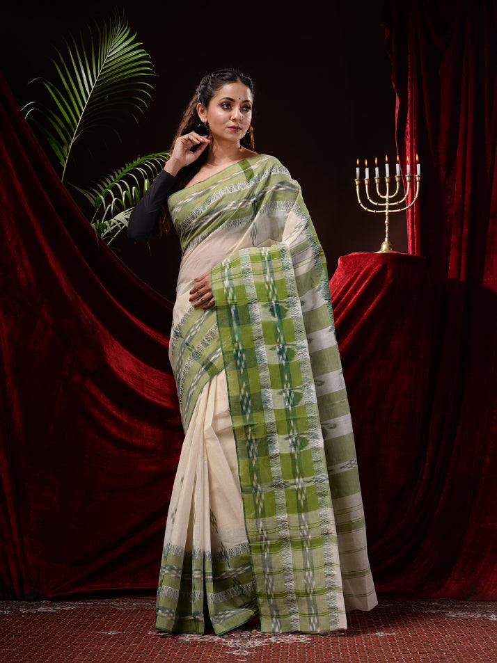 Off White Pure Cotton hand Woven Dhaniyakhali Saree