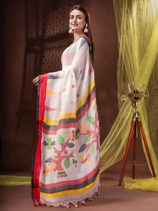 Pure Linen Bengal Handloom Jamdani Work Saree