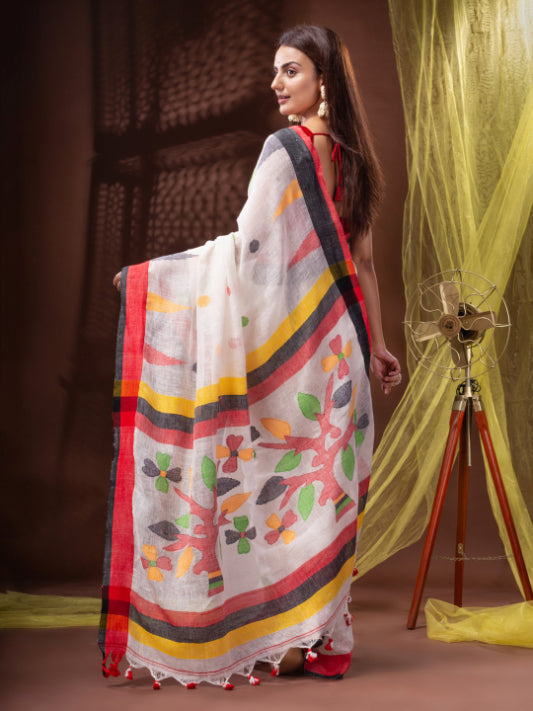 Pure Linen Bengal Handloom Jamdani Work Saree