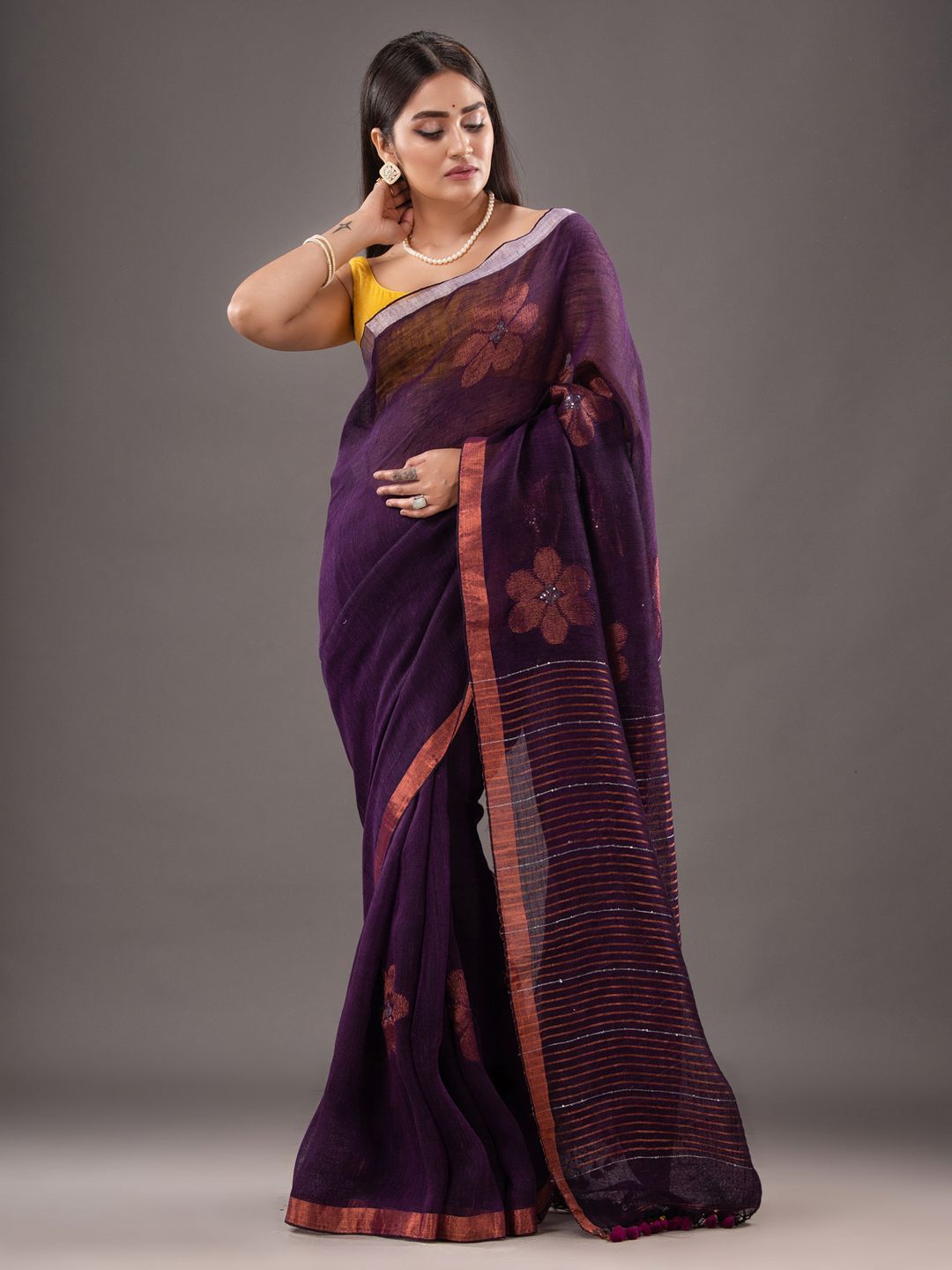 Pure Linen Hand Woven Saree with Zari work
