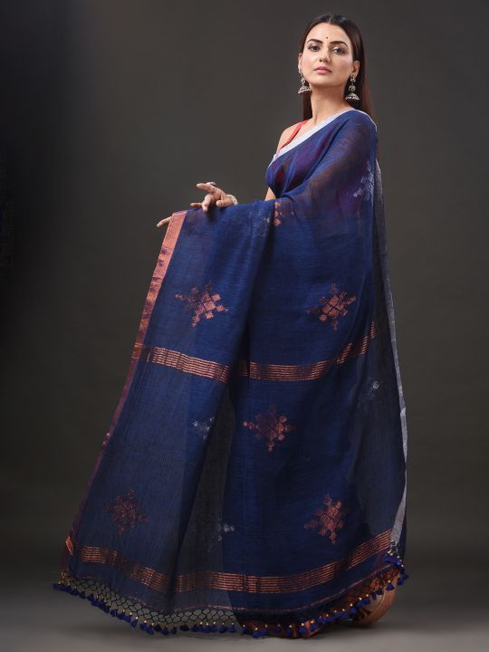 Pure Linen Handwoven Zari Work Saree