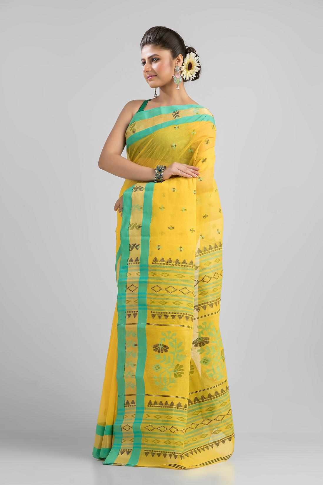 Yellow Pure Cotton Dhakai Buti Handloom Saree