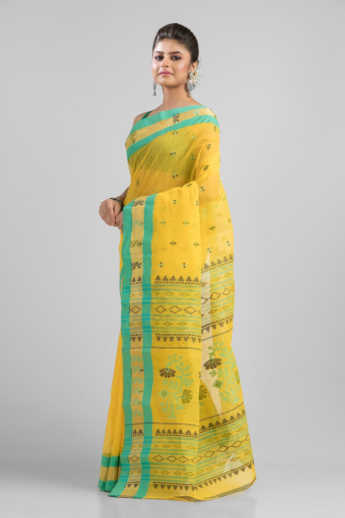 Yellow Pure Cotton Dhakai Buti Handloom Saree
