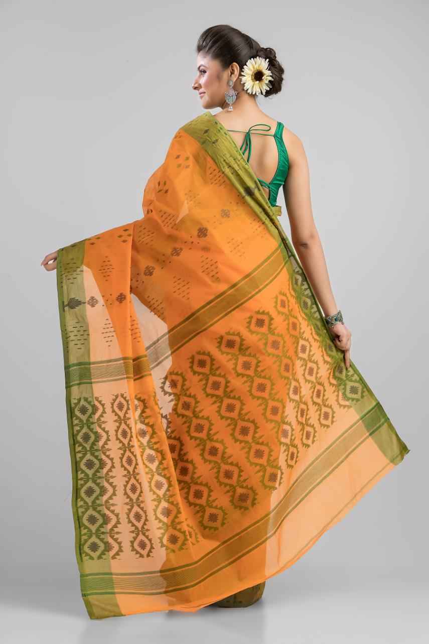 Orange White Pure Cotton Dhakai Buti Handloom Saree