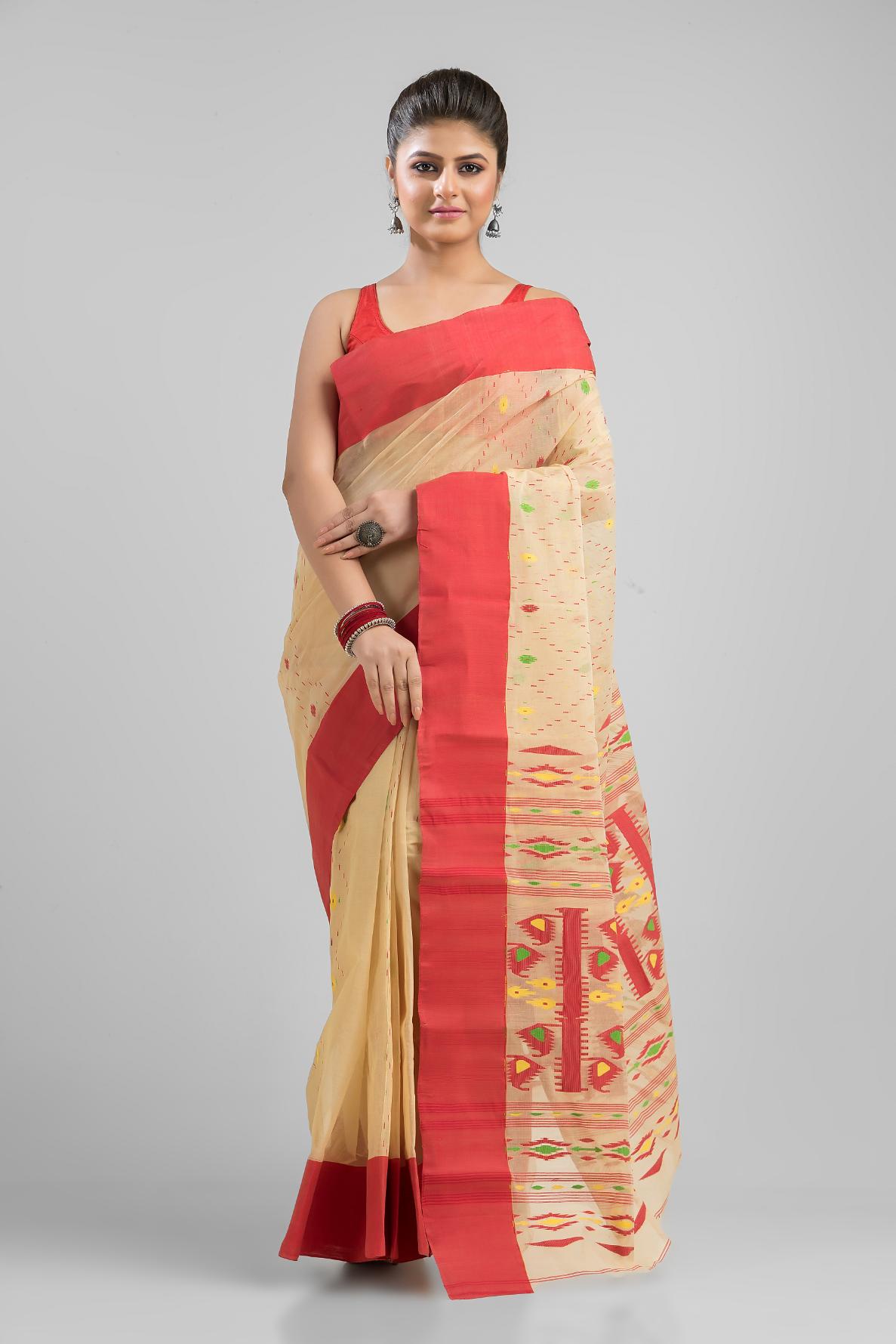 Beige Pure Cotton Dhakai Buti Handloom Saree