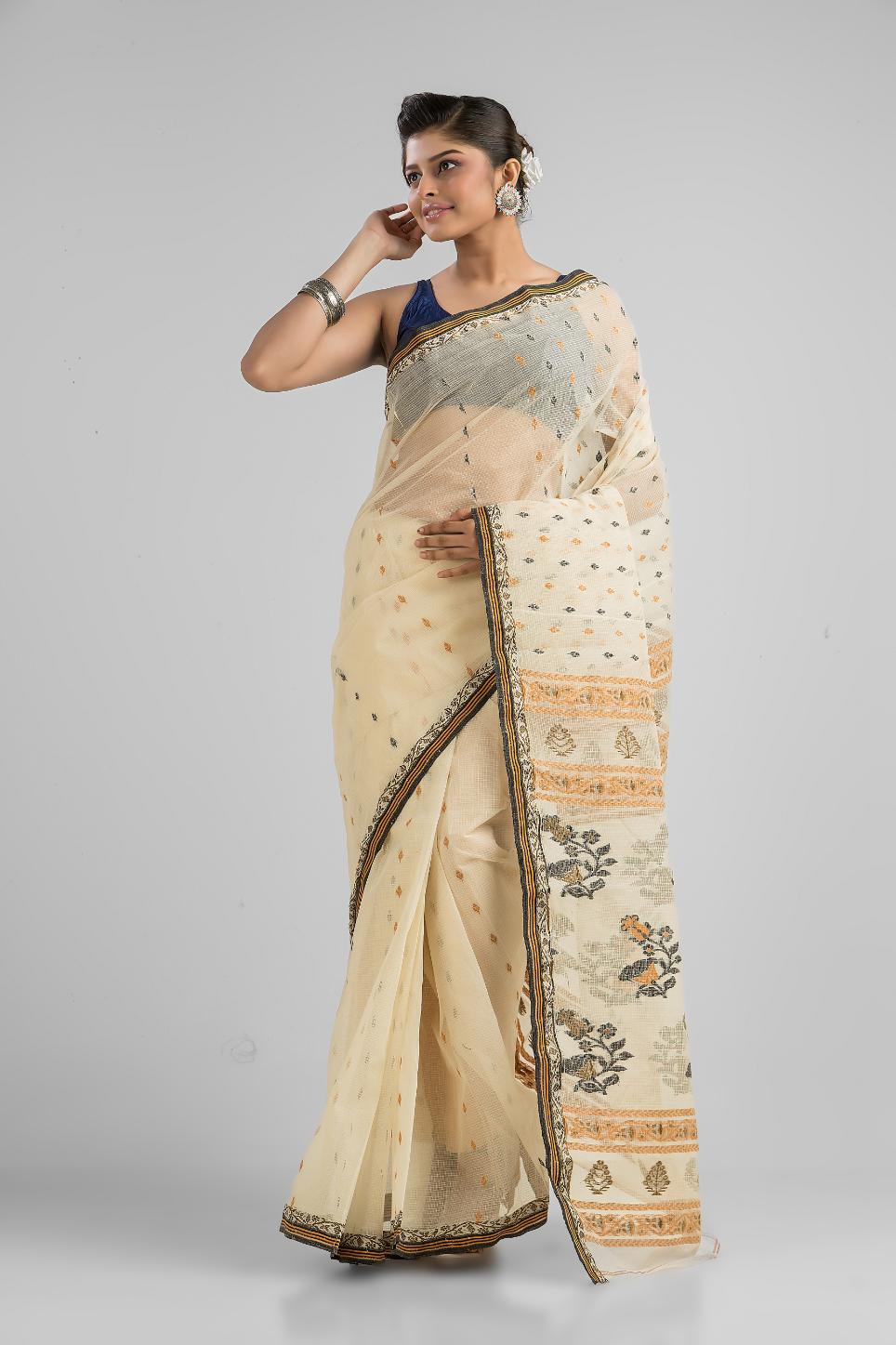 Off White Pure Cotton Dhakai Buti Handloom Saree