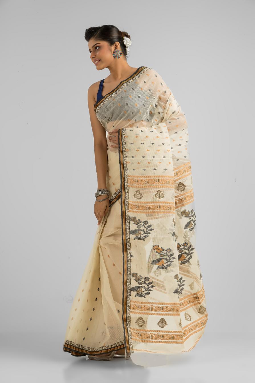 Off White Pure Cotton Dhakai Buti Handloom Saree