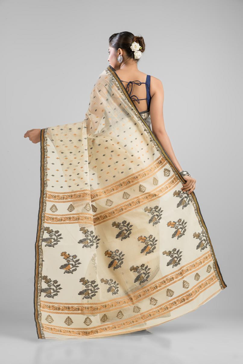 Off White Pure Cotton Dhakai Buti Handloom Saree