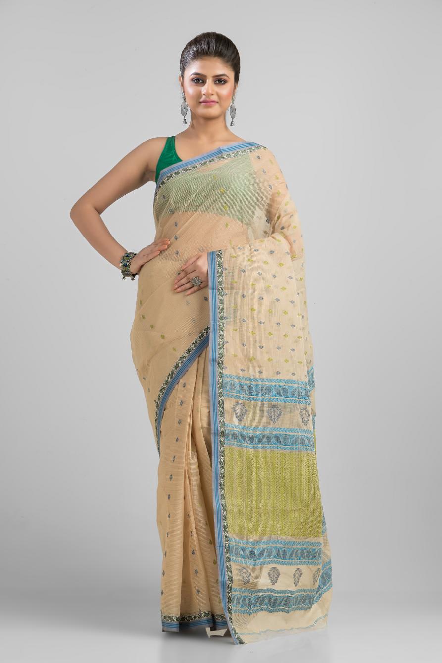 Beige Pure Cotton Dhakai Buti Handloom Saree