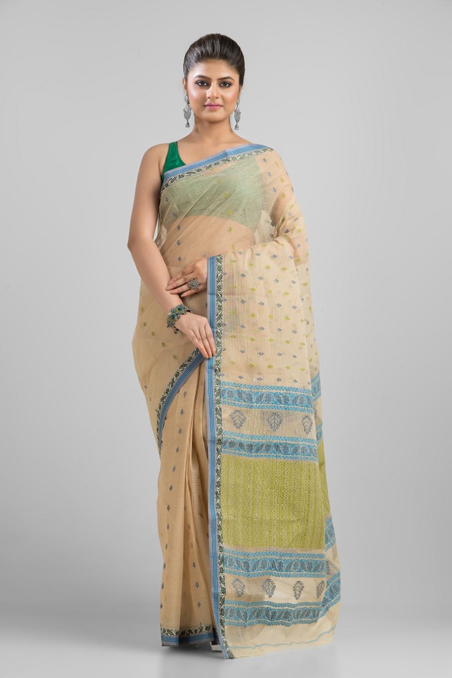Beige Pure Cotton Dhakai Buti Handloom Saree