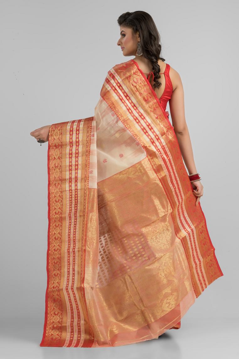 White and Red Pure Cotton Zari Work Buti Handloom Saree