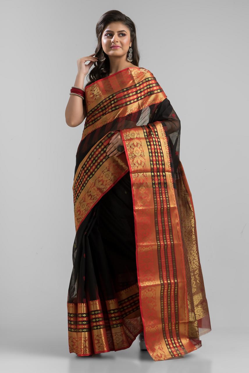 Black Pure Cotton Zari Work Buti Handloom Saree