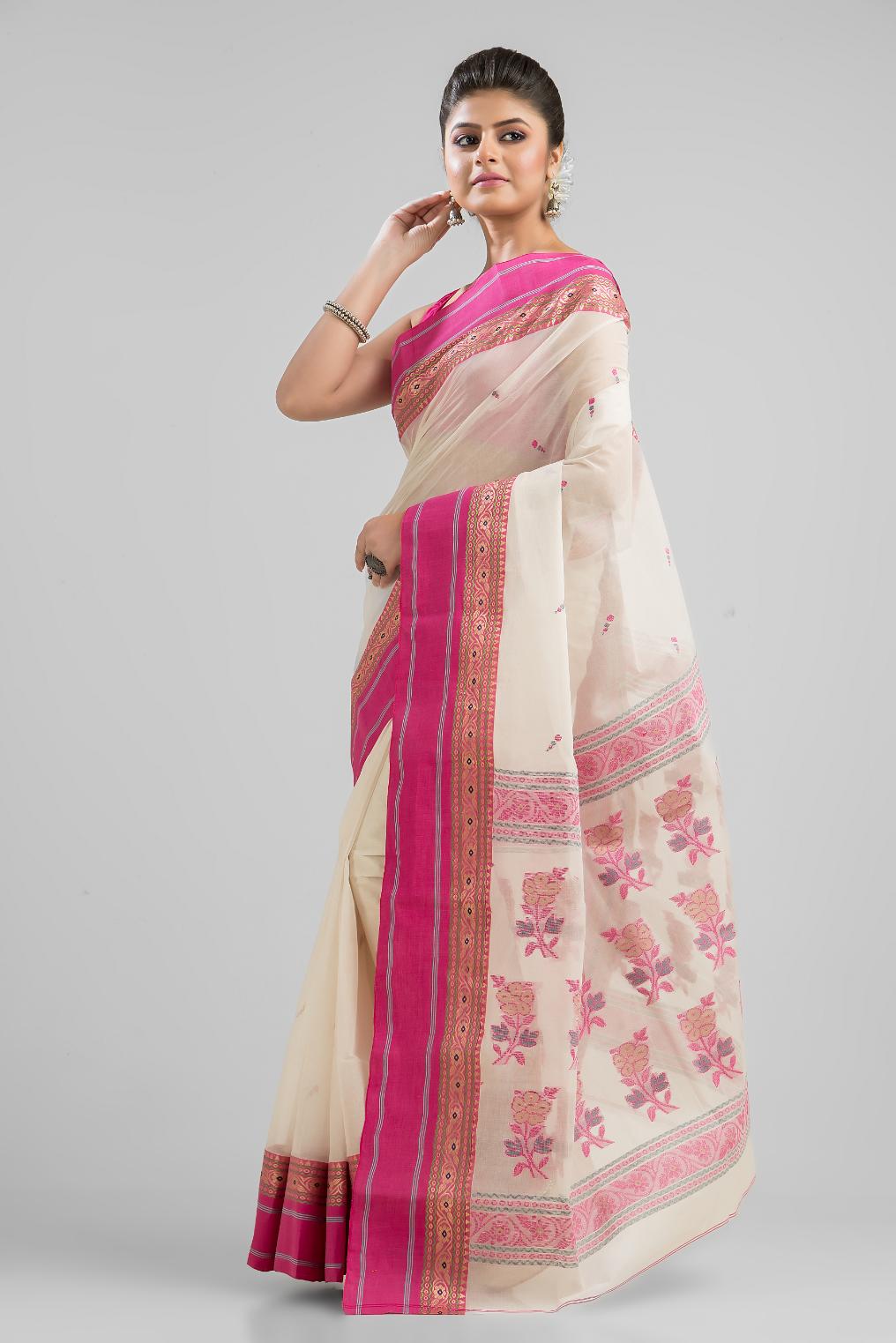 White Pure Cotton Dhakai Buti Handloom Saree