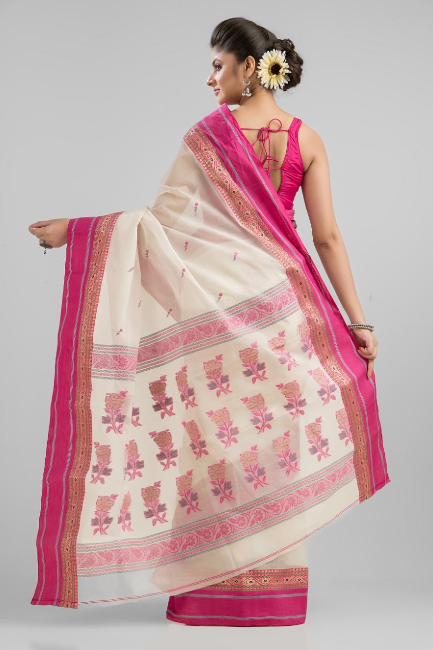 White Pure Cotton Dhakai Buti Handloom Saree