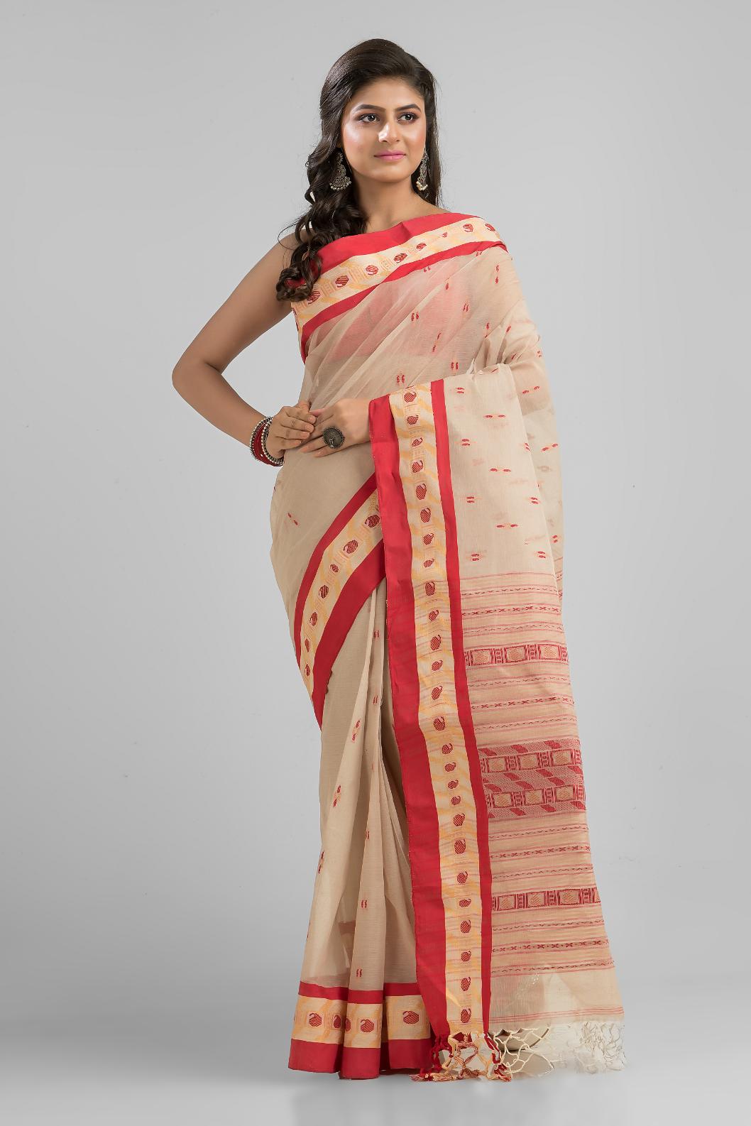 Beige Pure Cotton Dhakai Buti Handloom Saree