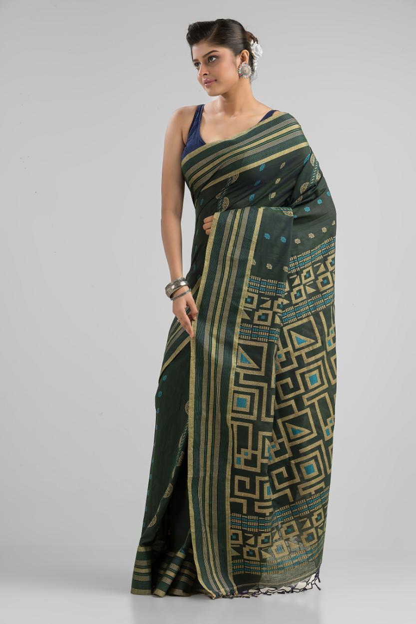 Green Pure Cotton Geometric Work Handloom Saree