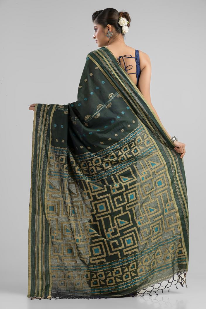 Green Pure Cotton Geometric Work Handloom Saree