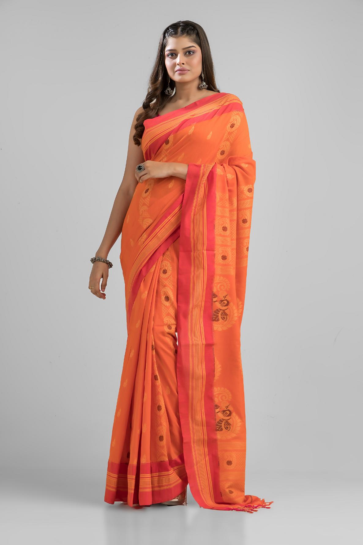 Orange Pure Soft Cotton Dhakai Buti Handloom Saree