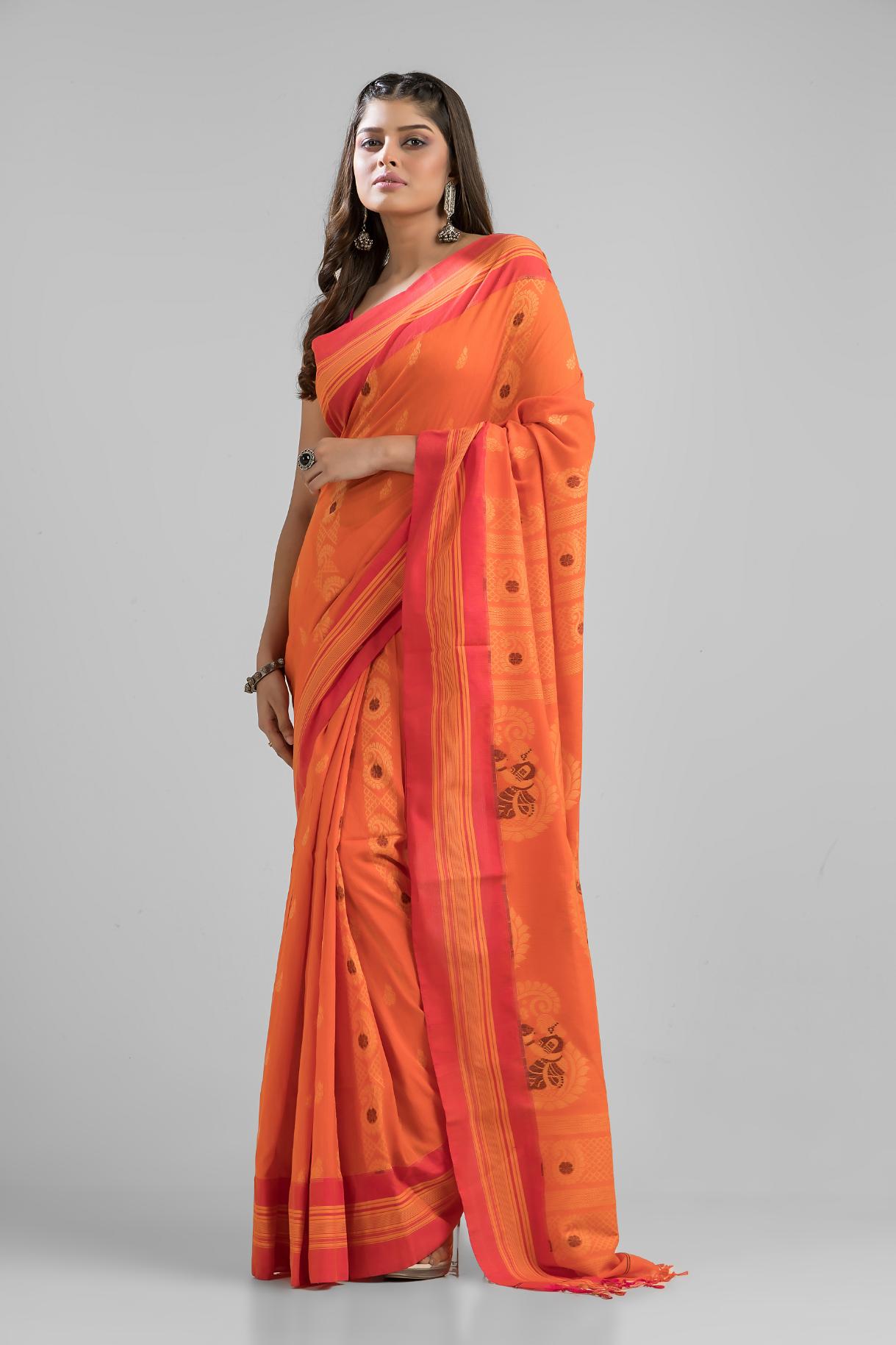 Orange Pure Soft Cotton Dhakai Buti Handloom Saree