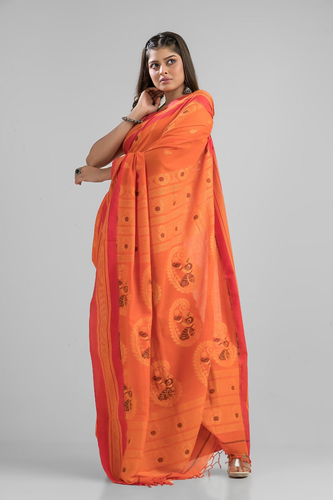 Orange Pure Soft Cotton Dhakai Buti Handloom Saree