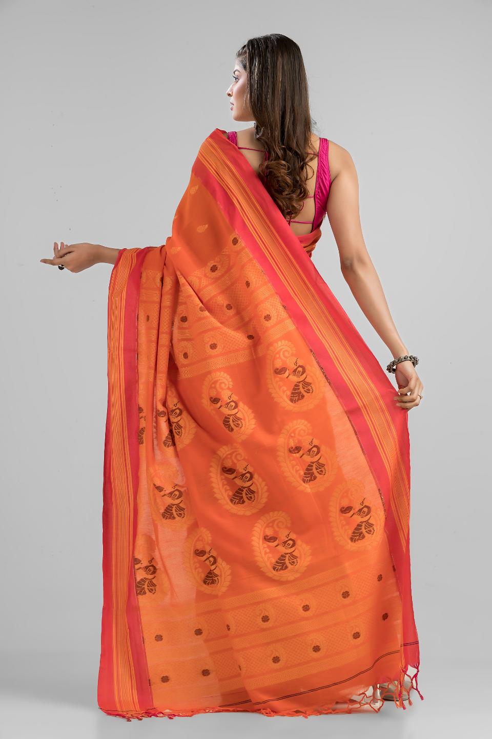 Orange Pure Soft Cotton Dhakai Buti Handloom Saree