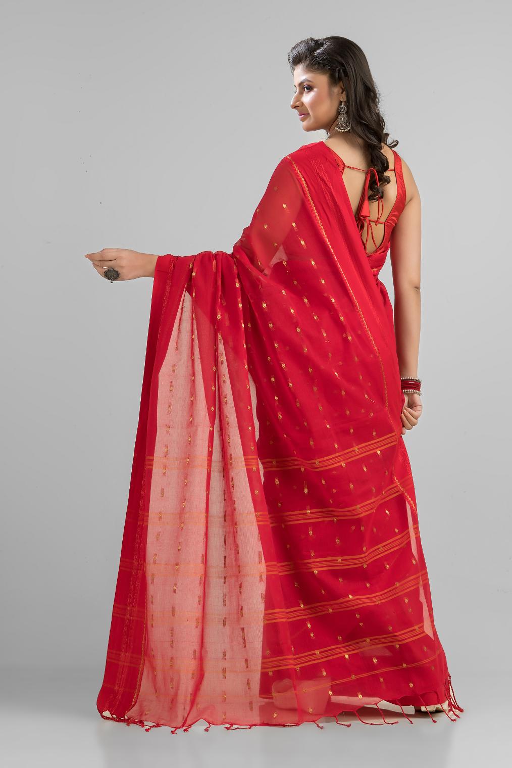 Red Soft Cotton Tant Buti Work Handloom Saree