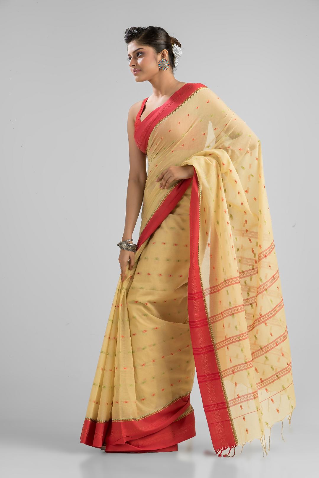 Beige Soft Cotton Tant Buti Work Handloom Saree