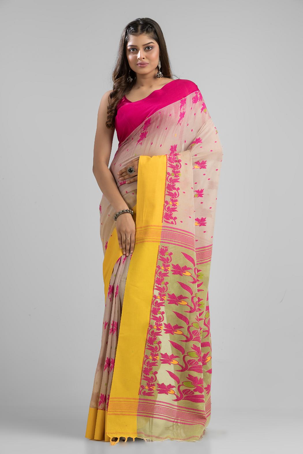 Beige Pure Soft  Cotton Dhakai Buti Handloom Saree