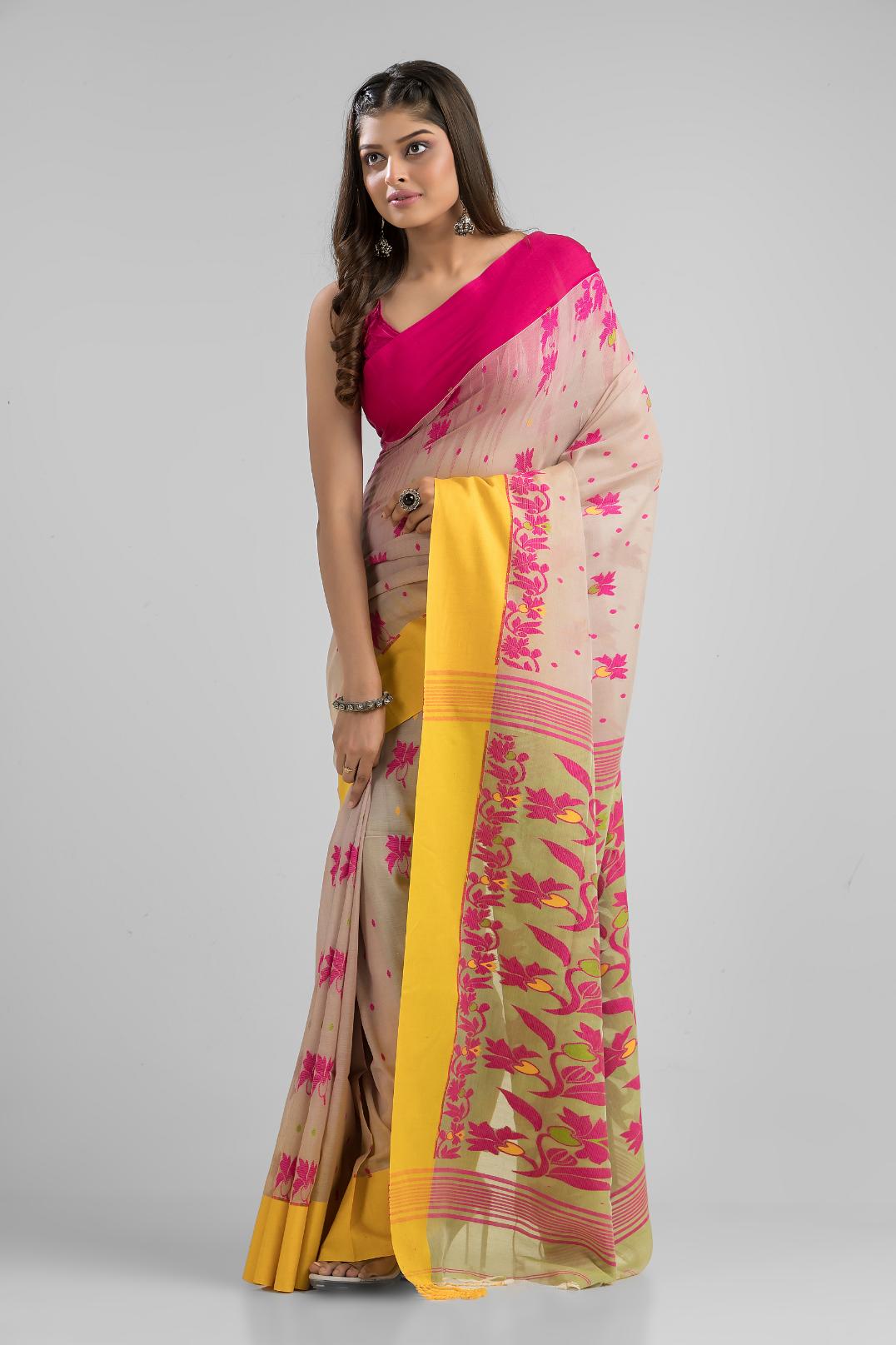 Beige Pure Soft  Cotton Dhakai Buti Handloom Saree