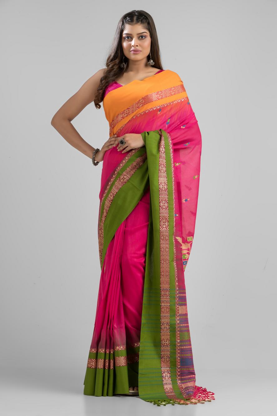 Pink Pure Soft Cotton Dhakai Buti Handloom Saree