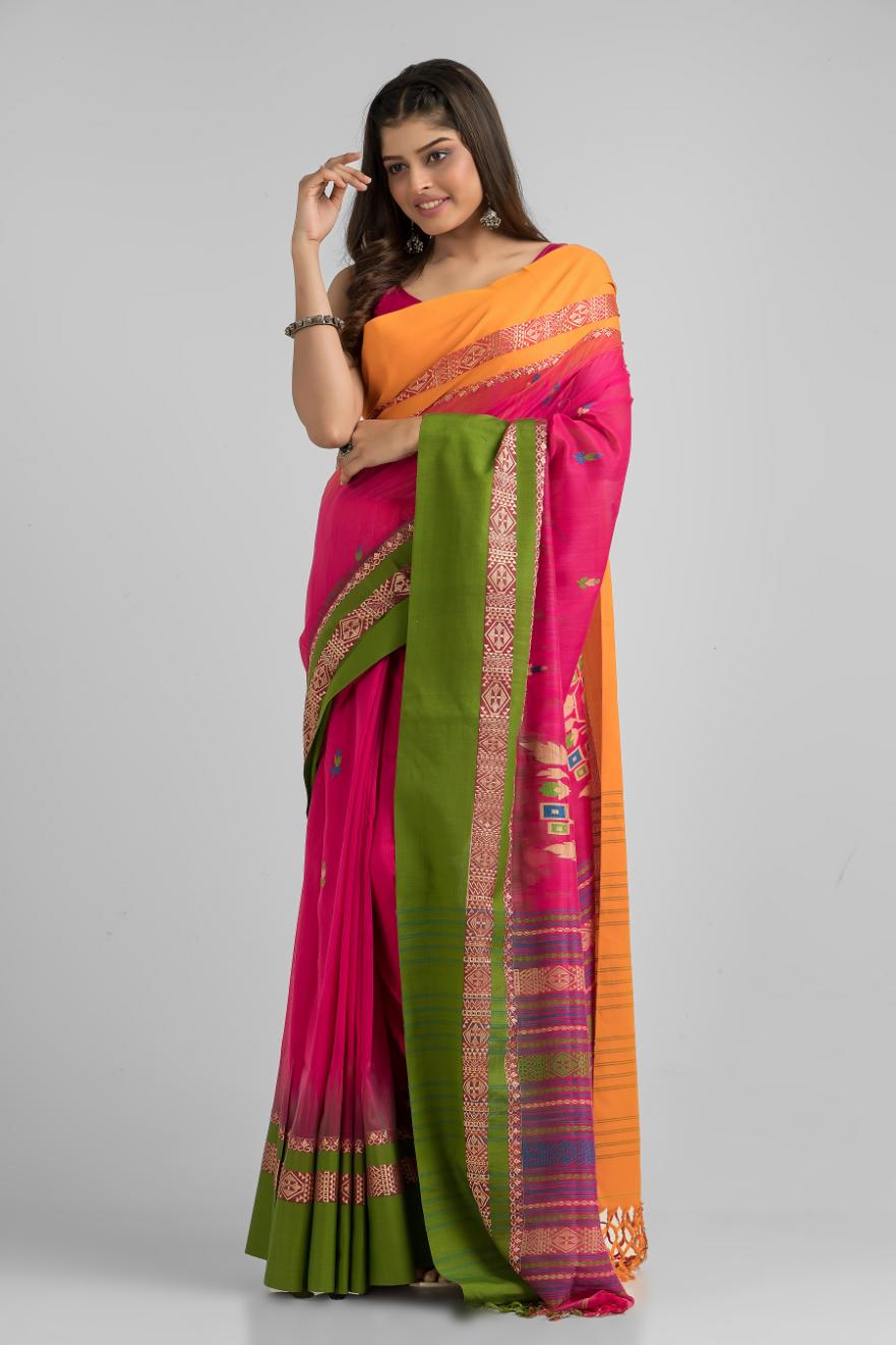 Pink Pure Soft Cotton Dhakai Buti Handloom Saree