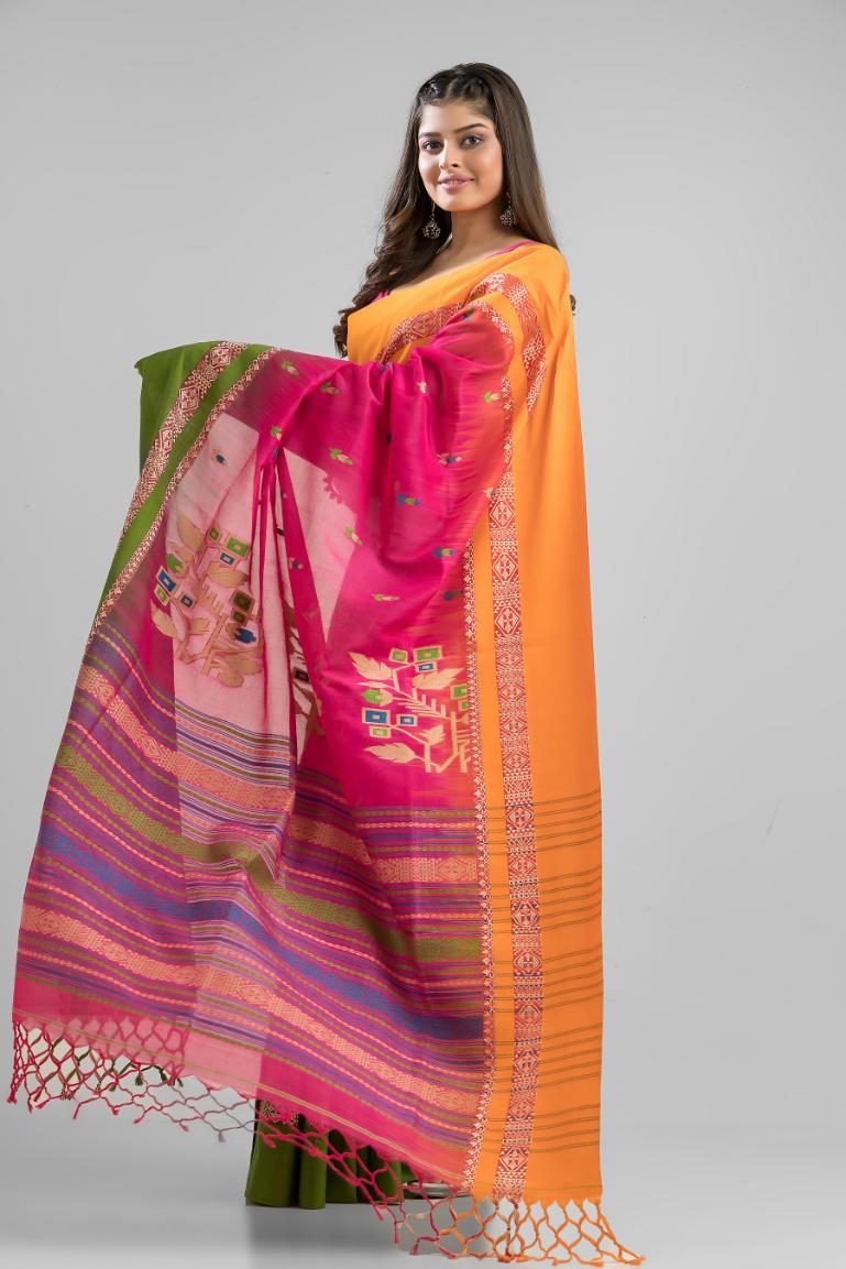 Pink Pure Soft Cotton Dhakai Buti Handloom Saree