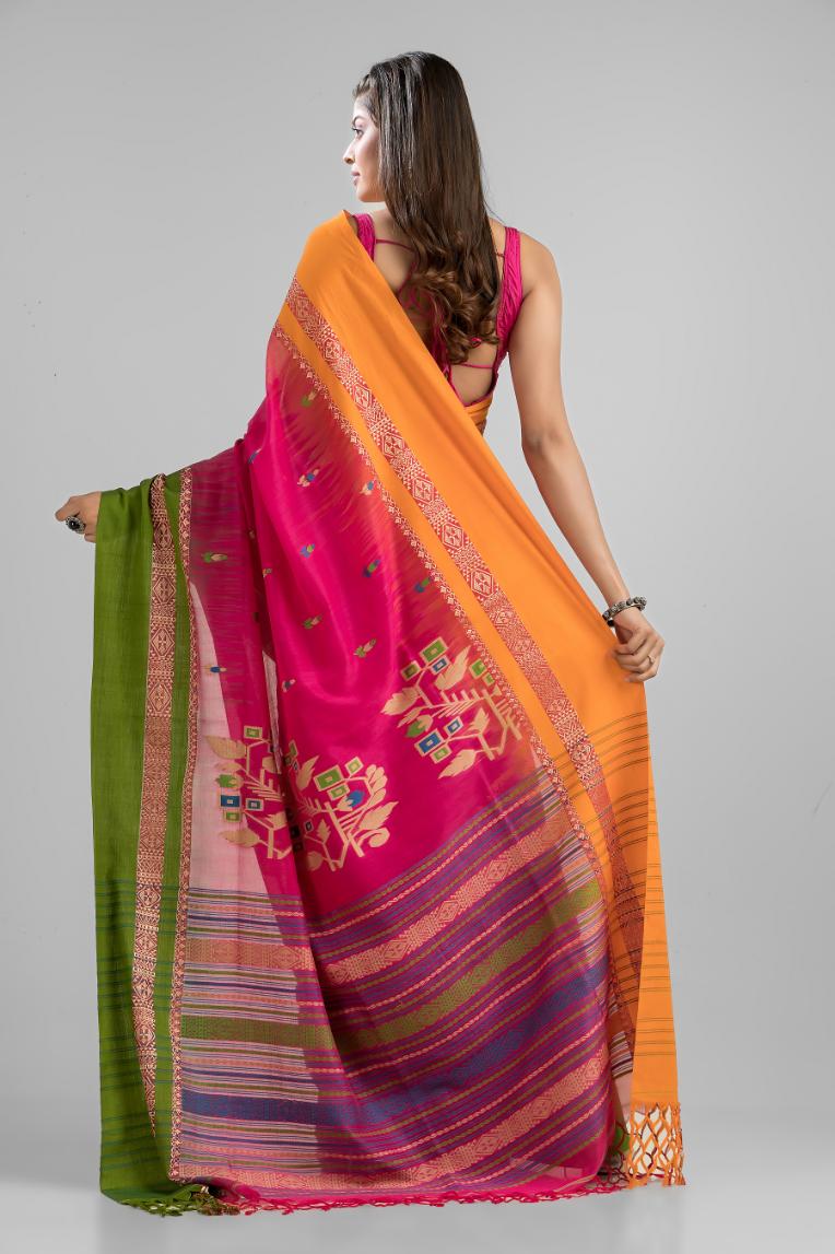 Pink Pure Soft Cotton Dhakai Buti Handloom Saree