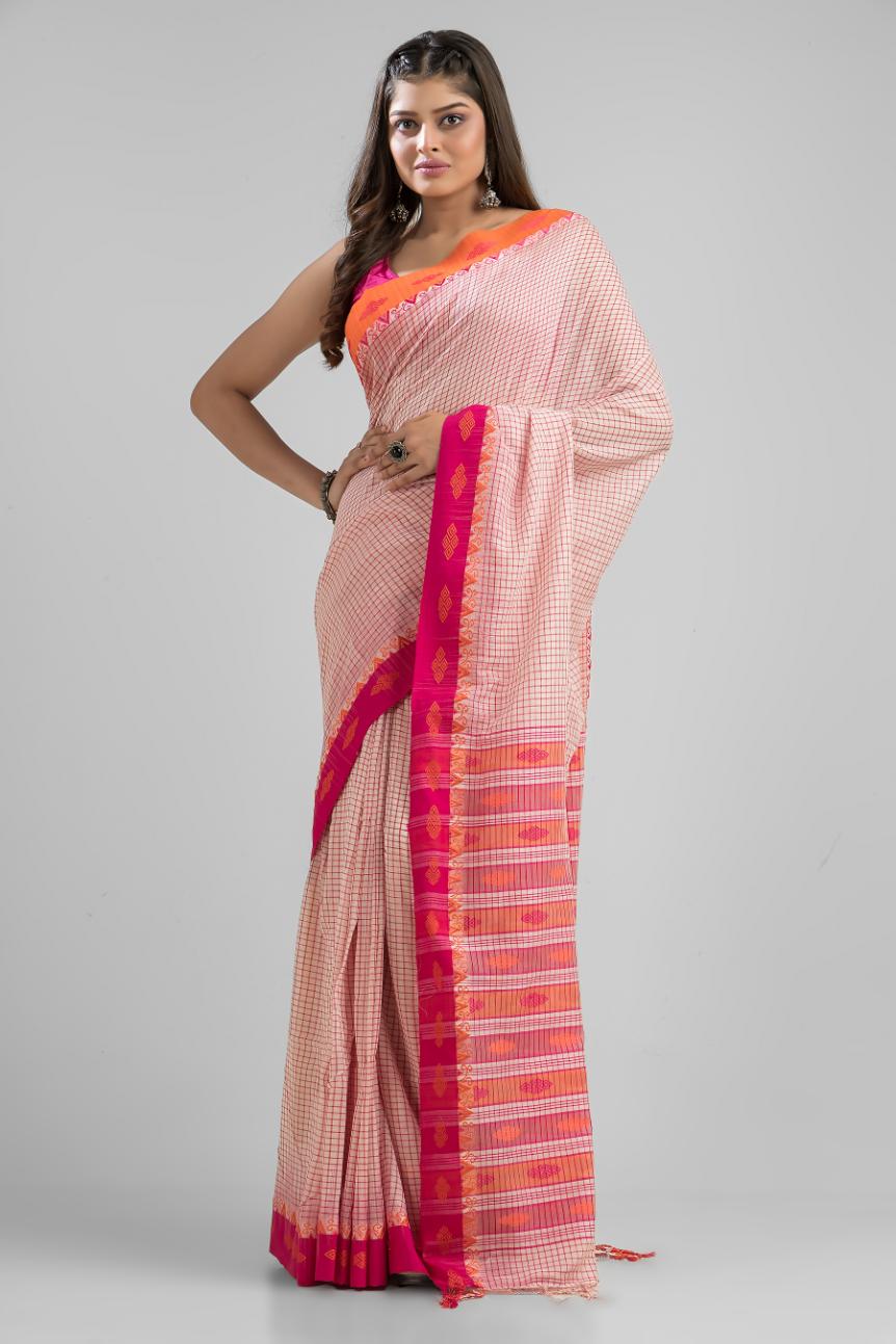 Beige  Pure Soft  Cotton Dhakai Buti Handloom Saree