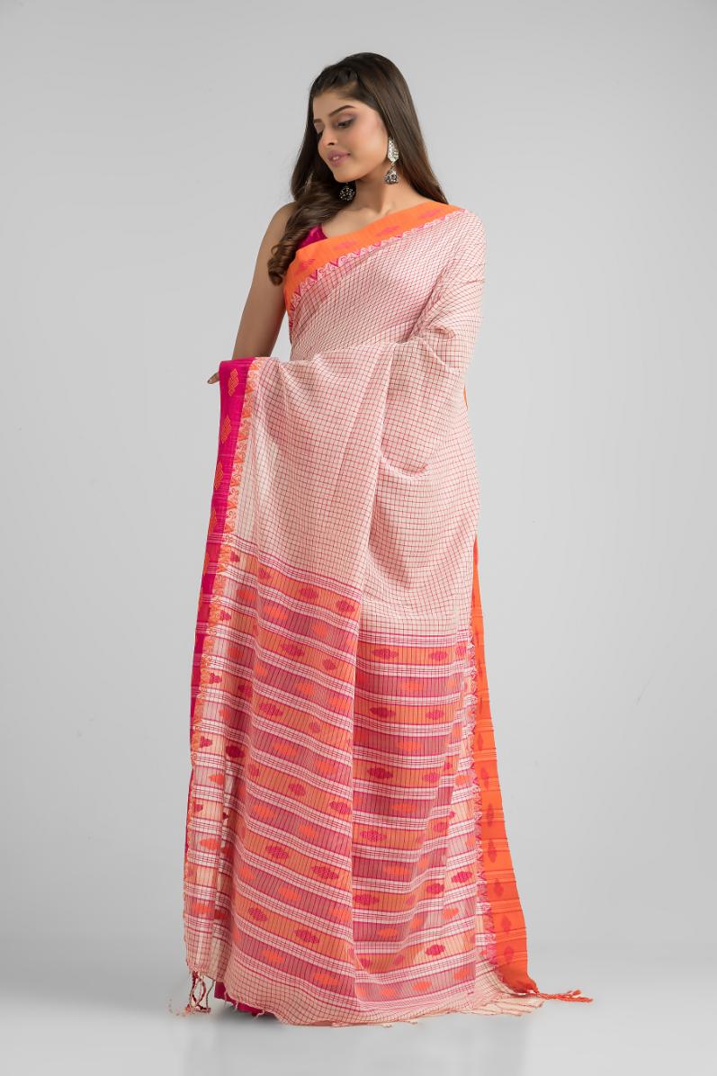 Beige  Pure Soft  Cotton Dhakai Buti Handloom Saree