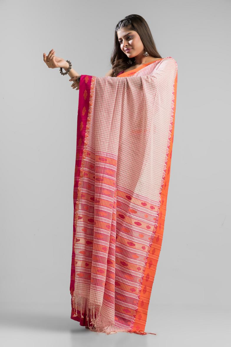 Beige  Pure Soft  Cotton Dhakai Buti Handloom Saree
