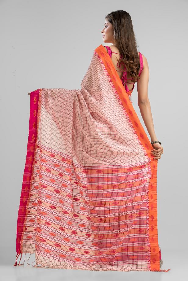 Beige  Pure Soft  Cotton Dhakai Buti Handloom Saree