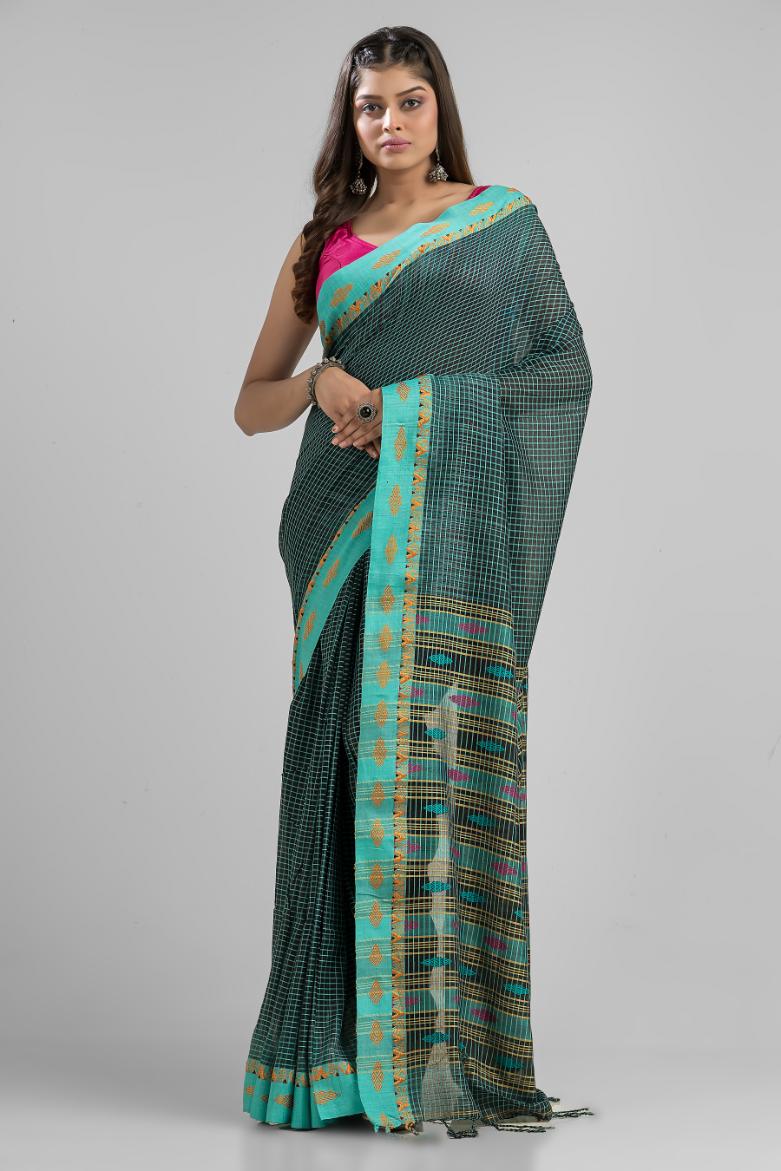 Blue Pure Soft Cotton Dhakai Buti Handloom Saree