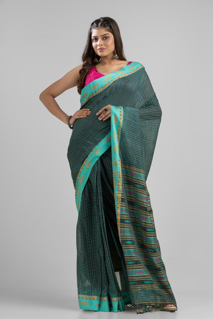 Blue Pure Soft Cotton Dhakai Buti Handloom Saree